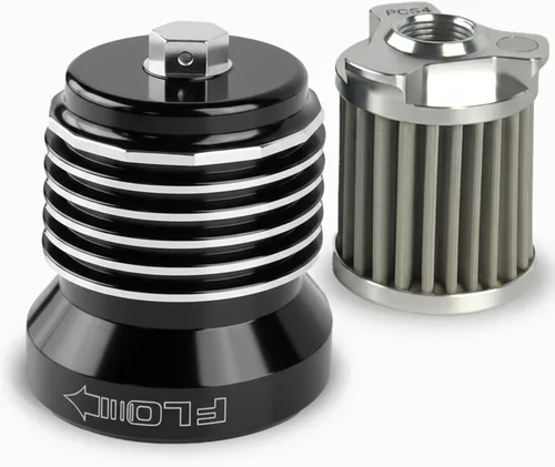 PC Racing FLO Filtro de Aceite Reutilizable Tipo Rosca PCS4BC – Negro con Aletas Pulidas, Filtro de Alto Flujo para Motores Harley Touring, Street