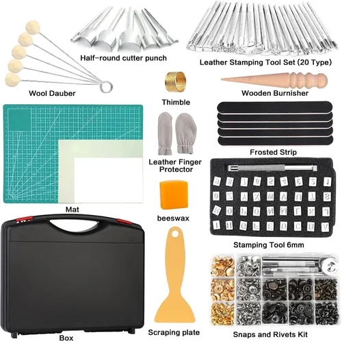 Miniatura 4 de 273 piezas de herramientas y suministros para trabajo en cuero con caja de herramientas de cuero, tapete de corte, martillo, agujas de estampado
