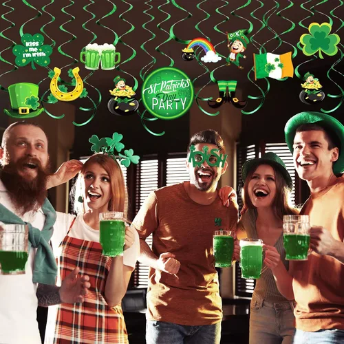 Miniatura 6 de 30 piezas de decoración colgante del día de San Patricio, trébol irlandés de la suerte, trébol, duende, herradura, letrero de papel de aluminio