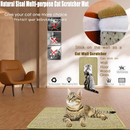 Miniatura 6 de Alfombrilla de rascar para gatos, 23.6 x 15.7 pulgadas, rascadores de sisal natural para gatos de interior con cintas de velcro, tapete para rascar
