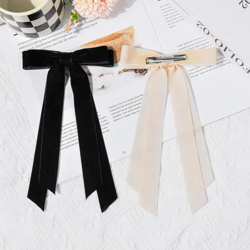Miniatura 7 de 2 piezas de lazos para el cabello para mujeres, clip de pelo beige y negro, cinta de pelo, accesorios de pelo con moño, barrettes de pelo largo