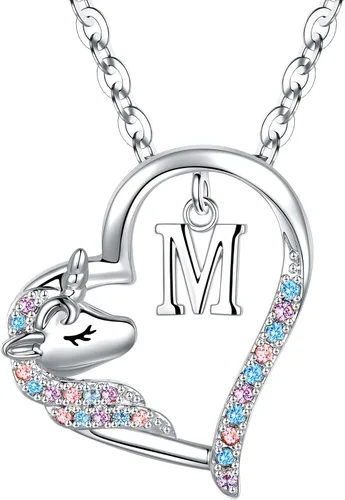 Miniatura 25 de Anoup Collar con inicial de unicornio, chapado en oro de 14 quilates, hipoalergénico con circonita cúbica, colgante de diamante simulado, joyería