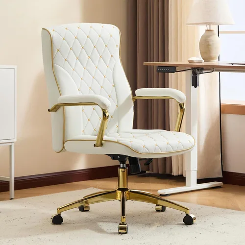 Miniatura 9 de Furniliving Silla de oficina blanca y dorada, sillas de oficina de cuero, silla de tocador ajustable con patas doradas y reposabrazos acolchado
