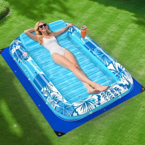 Flotador inflable de bronceado para piscina con lona de protección, flotadores de piscina de 70 x 46 pulgadas para adultos con almohada, flotador 6