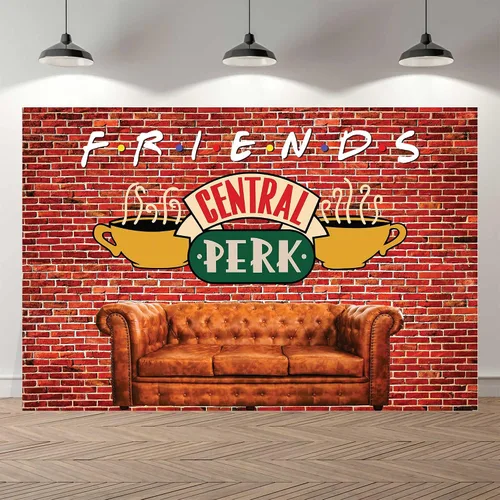 Miniatura 3 de Fondo de 6 x 4 pies para fiesta de amigos de Central Perk, pared de ladrillo rojo, retro, sofá de pub y café, fondo para fotografía de cumpleaños