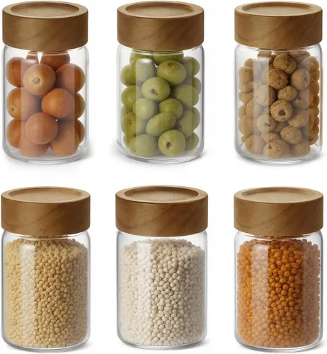 Miniatura 11 de Paquete de 6 Recipientes de Vidrio Herméticos Apilables de 4 oz con Tapas de Acacia - Frascos Mason Pequeños para Avena Nocturna, Almacenamiento