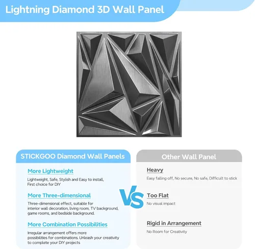 Miniatura 5 de STICKGOO Paneles de pared 3D, paquete de 33 paneles de pared con diseño de rayo y diamante para decoración de pared interior, paneles de pared
