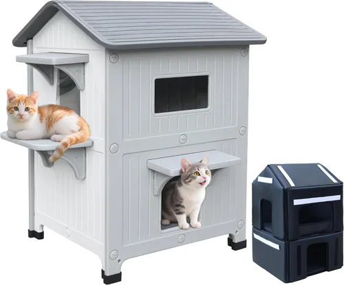 Miniatura 13 de Casa de plástico para gatos al aire libre – Casa para gatos para exteriores con forro aislante para invierno, 100% resistente a la intemperie