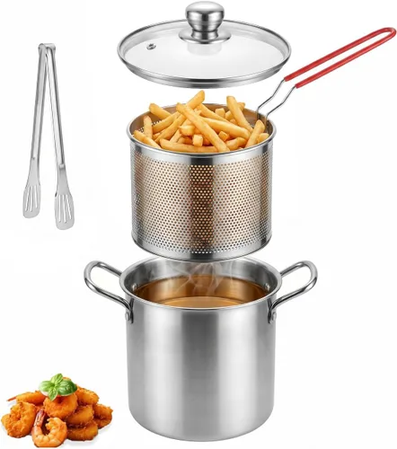 Miniatura 7 de Freidora de acero inoxidable de 3.2 cuartos de galón con cesta y tapa, sartén profunda multifuncional con colador para cocinar en casa