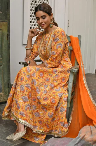 Miniatura 7 de Janasya Kurta india de algodón mostaza bordado con palazzo y dupatta