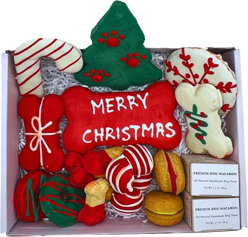 Miniatura 2 de Bonne et Filou - Bocadillos navideños para perros, caja de regalo gourmet de lujo, 18 macarrones diseñados a mano, trufas y galletas de hueso