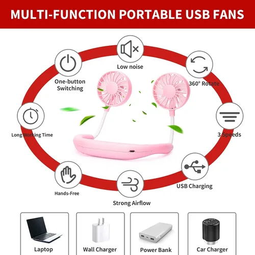 Miniatura 6 de Ventilador de cuello portátil recargable, ventilador personal manos libres, mini USB, con banda para el cuello, ventilador deportivo de 3 Paquete