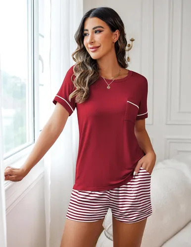 Miniatura 3 de Ekouaer Conjunto de pijama para mujer, 2 piezas, manga corta, ropa de dormir, suave, con bolsillos