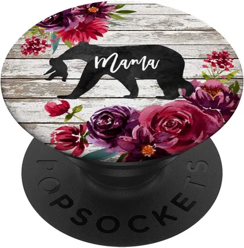 Mama Bear One Baby Cub Rustic Barn Wood Burgundy Floral - PopSockets Grip and Stand for Phones and Tablets