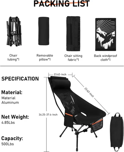 Miniatura 2 de NOVSIGHT Sillas de camping – Silla de camping de respaldo alto con reposacabezas y pies ajustables, marco de aluminio ligero, silla de campamento