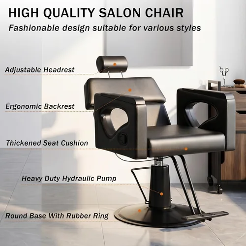 Miniatura 5 de All Black Salon Chair, Professional Hydraulic Barber Hair Styling Chair with 360° Swivel 135° Reclining, Multi-Function Braiding Hairdresser Chairs