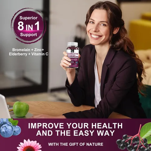 Miniatura 5 de Gomitas de quercetina con bromelina de 2378 mg, mezcla con extracto de saúco, equinácea purpura, zinc, vitamina C, D3, K2, complejo apoya el sistema