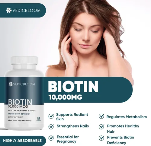 Miniatura 3 de Cápsulas de biotina 10,000 mcg – Cápsulas veganas de alta potencia para un cabello, piel y uñas saludables – Sin gluten, sin OMG, 60 cápsulas