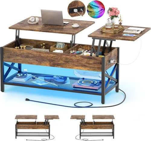 Miniatura 9 de Aheaplus Mesa de Centro Elevable Negra con Luz LED, Tomas de Corriente y Estante de Almacenamiento, 41.7"An x 19.69"L x 19.7"Al
