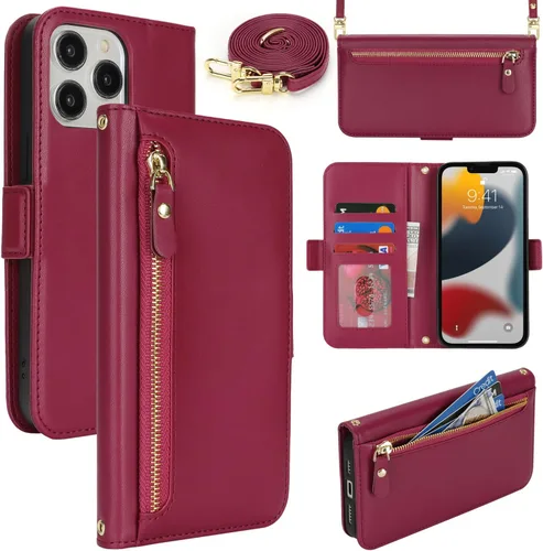 Lipvina Funda tipo cartera para iPhone 12 Pro Max / 13 Pro Max para mujeres, bolsillo con cremallera, funda de teléfono de cuero PU con soporte,