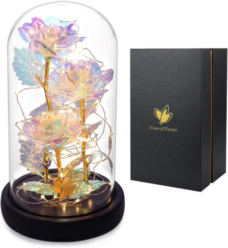 Miniatura 10 de Regalos para mamá, decoración de San Valentín, rosas de La Bella y la Bestia con 40 luces LED, rosa en cúpula de cristal, rosas encantadas, flores