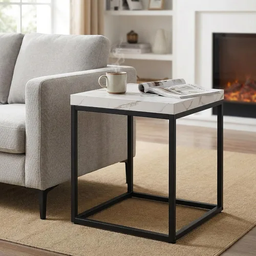 Miniatura 5 de CENSI - Mesa auxiliar/mesa auxiliar de mármol blanco de 18 pulgadas Parte superior de madera extragruesa de 1.6 pulgadas, diseño industrial