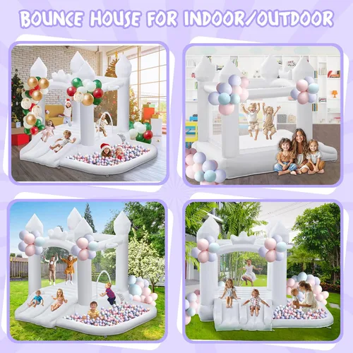 Miniatura 6 de FINCOME Casa inflable de rebote blanca, castillo inflable con doble tobogán de bolas de 370 W para niños pequeños, castillo inflable para interiores