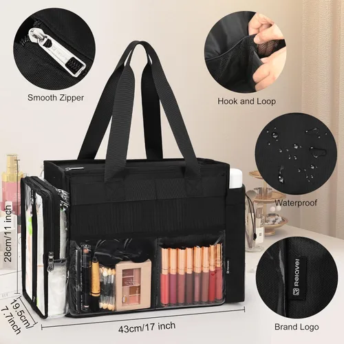 Miniatura 5 de TANTO Bolsa de maquillaje extra grande, bolsa de maquillaje para artista con divisor, bolsa organizadora de cosméticos profesional, bolsa
