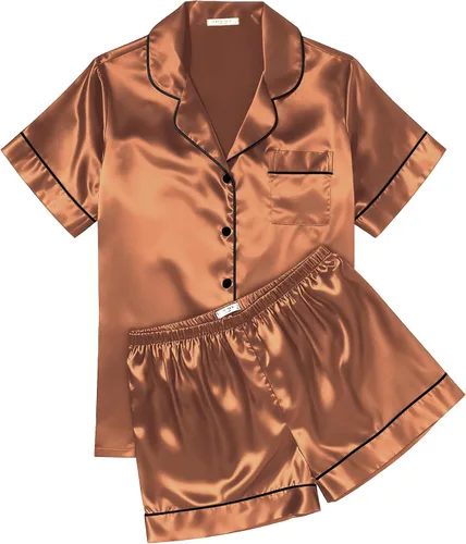 Miniatura 35 de Ekouaer Conjunto de pijama de satén de seda para mujer, suave, de manga corta, con botones, ropa para dormir, camiseta y pantalones cortos, juego