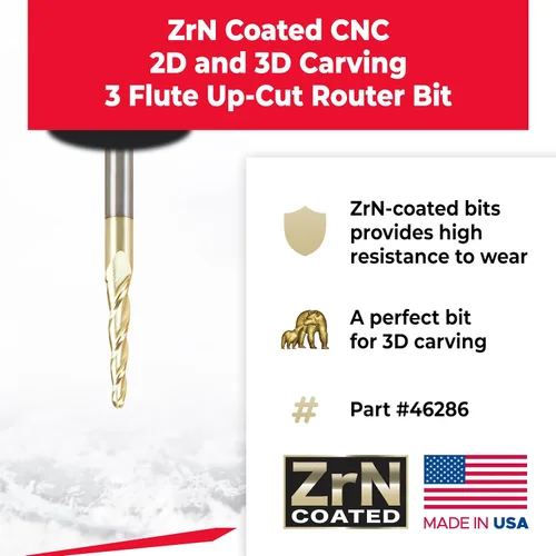 Miniatura 2 de Amana Tool Brocas de enrutador CNC en espiral para talla 2D/3D, recubierto de ZrN, 46286, punta de bola de ángulo cónico de 3.6 grados 1/8 D x 1/16