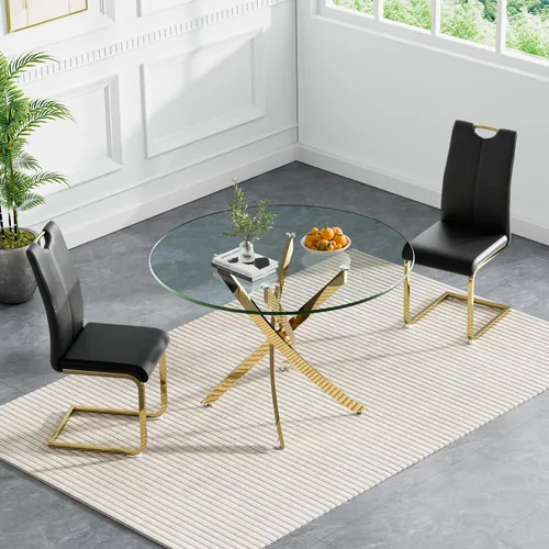 Miniatura 75 de Juego de mesa de comedor redonda de 3 piezas para 2, mesa de cocina moderna de vidrio plateado y sillas para 2 con sillas tapizadas, juego de mesa