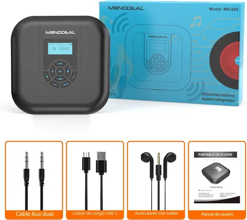 Miniatura 9 de Reproductor de CD portátil, reproductor de CD Bluetooth MONODEAL con altavoces y transmisor FM, reproductor recargable de 1800 mAh para automóvil