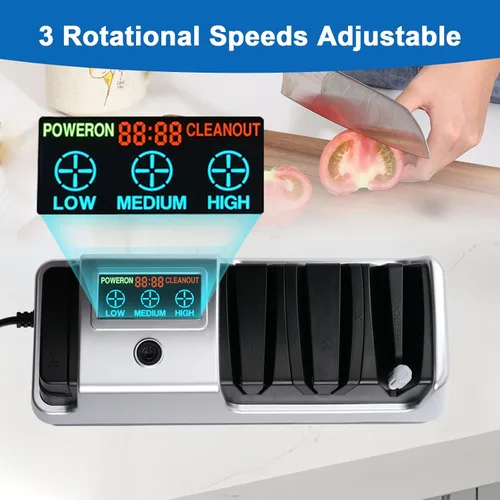 Miniatura 4 de Afilador de cuchillos eléctrico 5 en 1, profesional de 3 etapas con pantalla LCD, 100% abrasivos de diamante, 3 velocidades de rotación ajustables