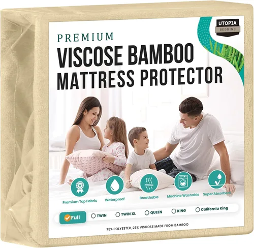 Utopia Bedding – Protector de colchón impermeable prémium, funda de colchón de viscosa hecha de bambú, transpirable, estilo ajustado con bolsillos