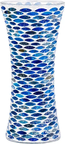 Jarrón de mosaico de escamas de pez azul marino profundo de 11.6 pulgadas de alto, exquisito jarrón de vidrio alto hecho a mano, centro de mesa de