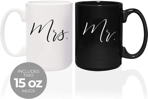 Miniatura 3 de Canopy Street Mr And Mrs - Tazas a juego, 2 tazas de cerámica grandes de 15 onzas blancas y negras, elegante juego de regalo de taza de café, una