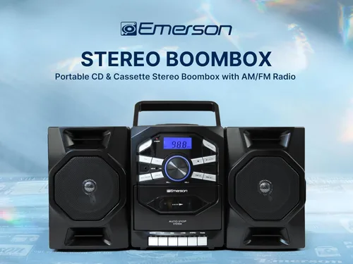 Miniatura 4 de Emerson Reproductor de CD portátil Boombox con reproductor de cassette, grabadora de cinta, radio AM/FM, entrada AUX, altavoces desmontables