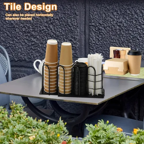 Miniatura 4 de Soporte de metal para tazas y tapas, dispensador de taza de café con 4 compartimentos, soporte para taza de café negro para encimera, organizador