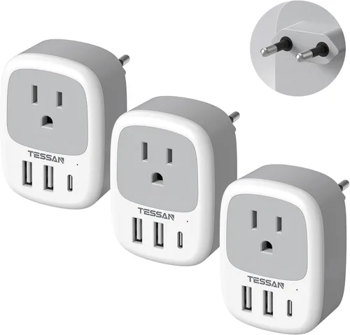Adaptador de enchufe de viaje europeo, paquete de 3, adaptador de corriente TESSAN International 2 USB, cargador de salida tipo C de EE. UU. a la