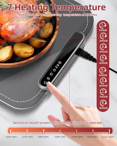 Miniatura 2 de Tapete de calentamiento para alimentos, bandeja de calentamiento eléctrico de calentamiento rápido mejorada con 7 niveles de temperatura y 8 Gris