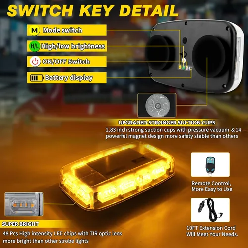 Miniatura 4 de Luz Estroboscópica de Emergencia Ámbar Recargable, Batería Inalámbrica, 48 LED 17 Modos Intermitentes, Brillo Alto y Bajo, Luces de Tráfico