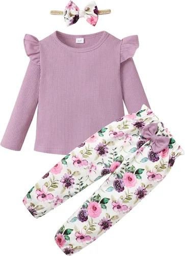 YALLET Conjunto de 3 piezas de ropa de niña pequeña de color liso, manga larga con volantes, pantalones florales + diadema de 1 a 6 años de