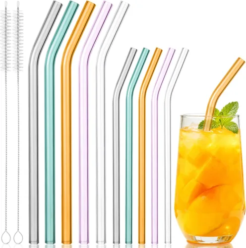 Miniatura 9 de Paquete de 12 popotes de vidrio reutilizables - 8" x 8 MM, popotes de vidrio curvos para beber con 2 cepillos de limpieza, popotes reutilizables