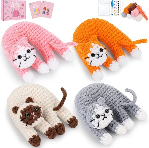 Fortuning's JDS Kit de ganchillo para principiantes, paquete de 4 divertidos kits de ganchillo para gatos, kit de ganchillo para principiantes de