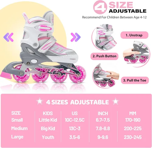 Miniatura 3 de 2PM SPORTS - Patines en línea Cytia para niñas, ajustables, con ruedas iluminadas, rosa, con ruedas con luces, patines divertidos y parpadeantes