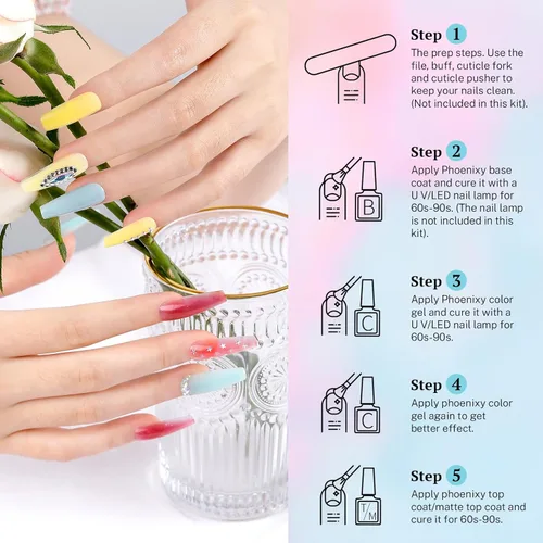 Miniatura 7 de phoenixy Juego de 24 esmaltes de uñas en gel, kit de uñas en gel removible de 21 colores, nude rosa rojo azul verde amarillo naranja, juego de 24