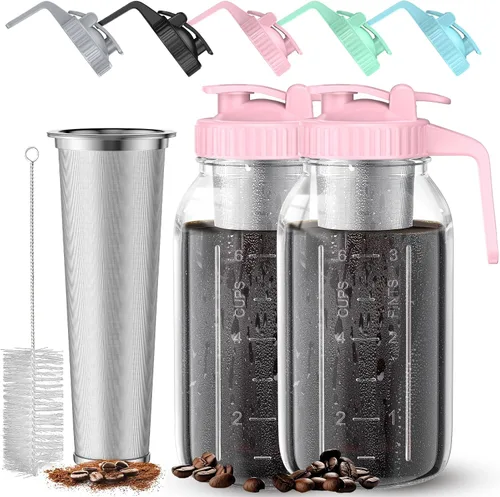 Miniatura 10 de Paquete de 2 tarros de café frío de 64 onzas, máquina de café frío de vidrio grueso con asa, filtro de acero inoxidable y tapa a prueba de fugas