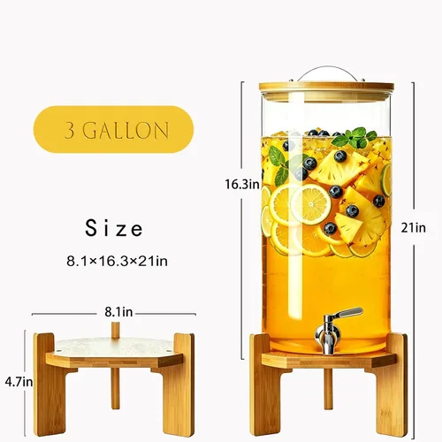Miniatura 2 de Dispensador de bebidas, dispensador de bebidas de vidrio de 3 galones con soporte, grifo de acero inoxidable, ideal para fiestas, bares