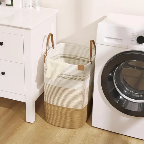 Miniatura 9 de danpinera Cesta Grande de Lavandería – Cesta de Almacenamiento Tejida de Algodón Alto de 75L con Asas de Cuero, Cesta de Ropa Sucia Esbelta, Cesta
