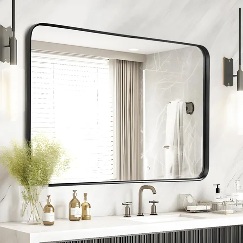 Fabuday Espejo Grande de Baño Negro de 40x30 Pulgadas - Espejos Rectangulares con Marco para Pared, Espejo de Metal Negro Montado en la Pared para